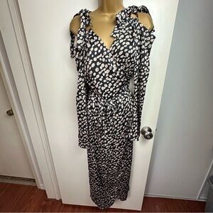 Never Fully Dressed Black Tan Off The Shoulder & Tie Sleeves Wrap Dress NWOT M